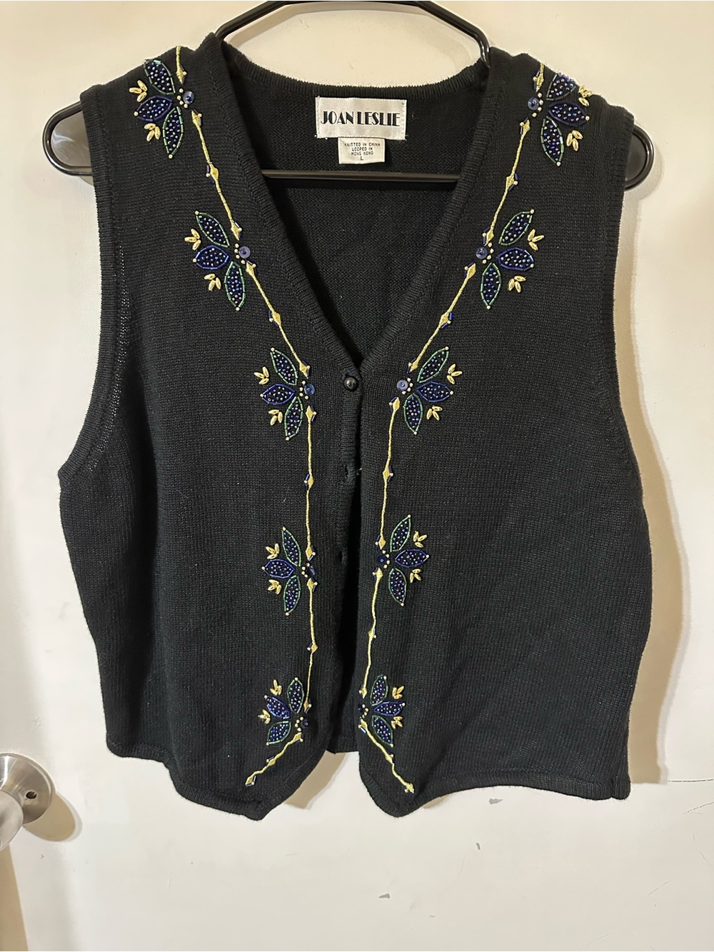Jan Leslie Black Sleeveless Knit Cardigan with Blue and Yellow Embroidery